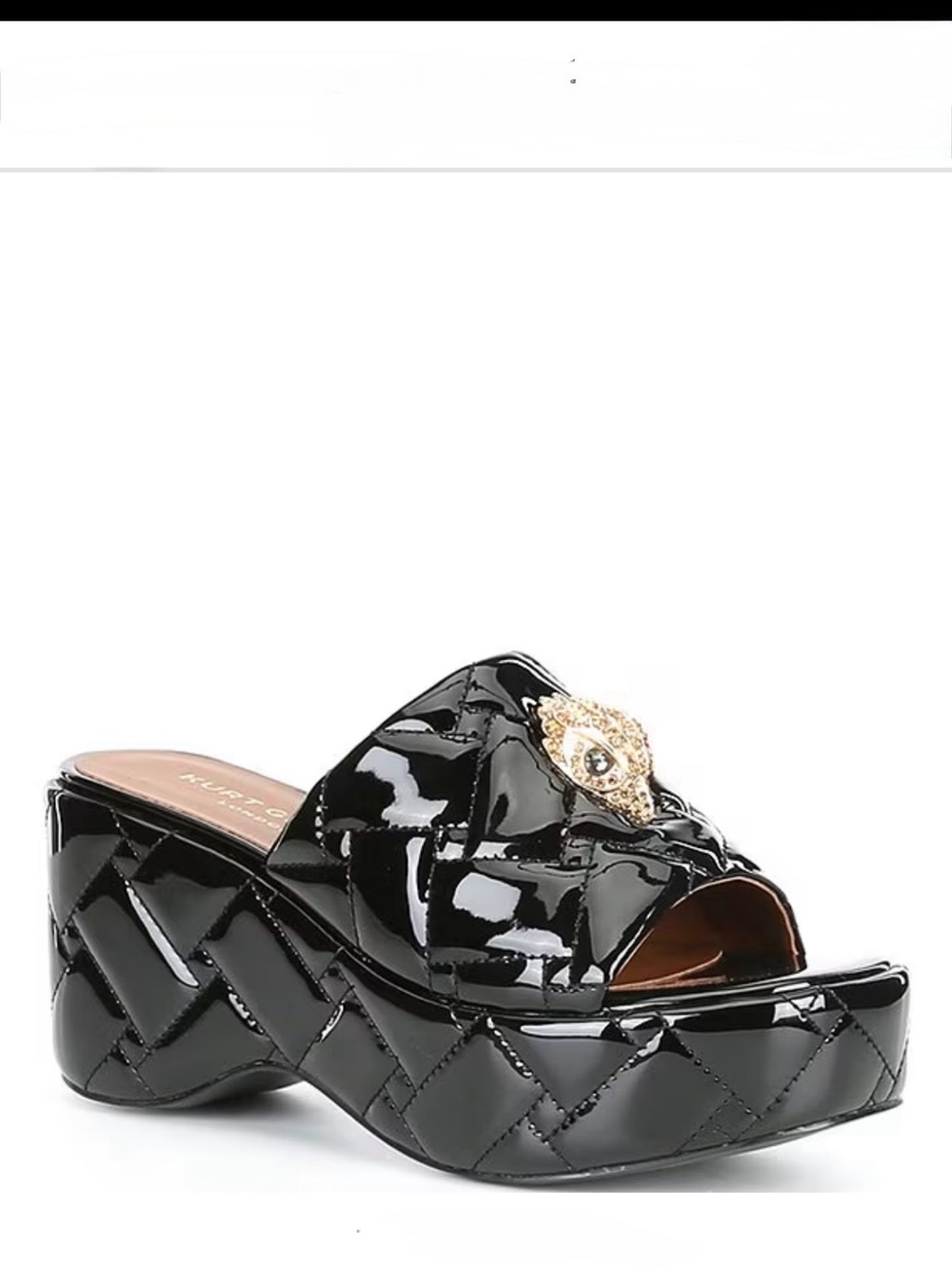 Kurt Geiger Black Patent Quilted Platform Slide with Gold Medallion - Picture 1 of 11